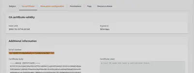 AWS 私有 CA 控制台与匹配的序列号