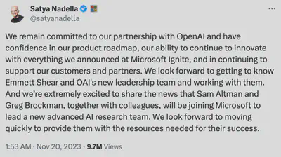 Satya Nadella 发文宣布 Sam Altman 加入微软